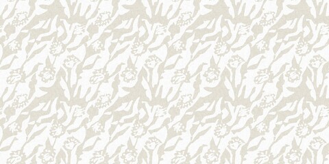 Seamless french gender neutral floral linen printed fabric border background. Light mottled white on grey cottage core block print pattern. Shabby chic woven duotone cloth effect. 