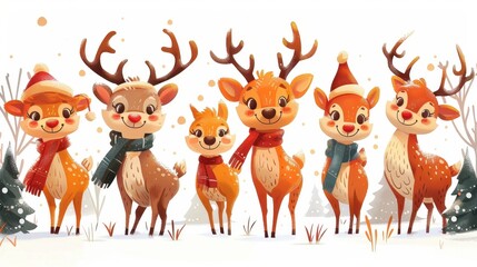 Festive reindeer with scarves and hats standing in the snow, spreading holiday cheer in a colorful, animated winter setting.