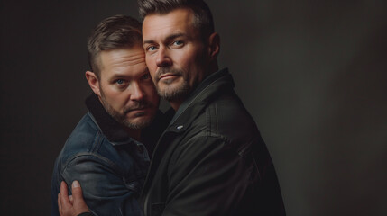 Obraz premium This powerful portrait captures the deep emotional bond between two men, with their heartfelt embrace reflecting love and support, enhanced by a moody background that adds to the scenes mood