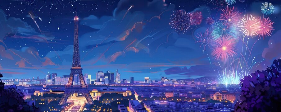 Eiffel Tower and fireworks in Paris, France, colorful night illustration.