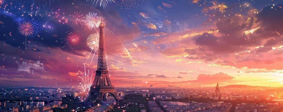 Eiffel Tower and fireworks in Paris, France, colorful night illustration.
