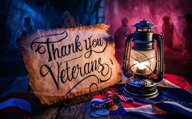 Thank You Message: A hand-drawn sign or banner saying "Thank You Veterans" with patriotic decorations., veteran day