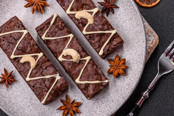 Delicious sweet brownies with chocolate and nuts