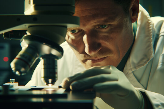 Intense male scientist examining specimen under microscope. Generative AI image
