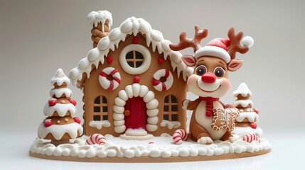 Fototapeta premium Adorable gingerbread house and reindeer figurine surrounded by Christmas decorations, creating a festive holiday scene with snow and candy details.
