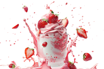 Strawberry yogurt flowing from glass, isolated on white background.