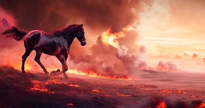 black fire horse galloping over flame