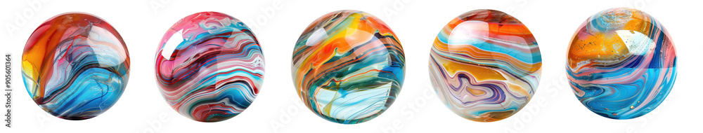 Poster glass marble balls, shiny spheres with colored pattern inside, isolated