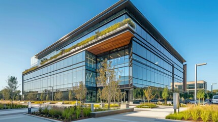 Corporate HQ with eco-friendly design, natural light windows, green rooftops, and EV charging, promoting environmental responsibility. Corporate building reduce CO2