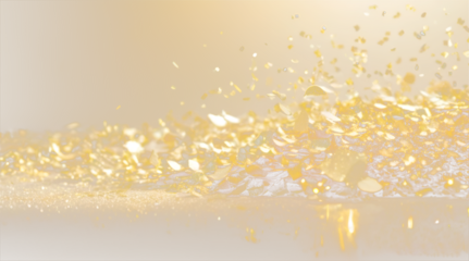 Golden glitter or confetti particles in motion against a transparent background