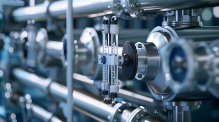 Fototapeta premium Close-up of a reverse osmosis unit filtering water, intricate filtration process, Clean water technology, High Definition, Digital Art