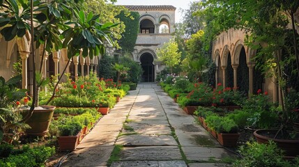 Obraz premium Monastery gardens with carefully tended plants, reflecting the harmony between nature and spirituality