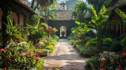Naklejka premium Monastery gardens with carefully tended plants, reflecting the harmony between nature and spirituality