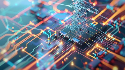 Energy consumption and cost analysis on electricity grid diagrams, High-Tech graphics, Vibrant colors, Digital Illustration