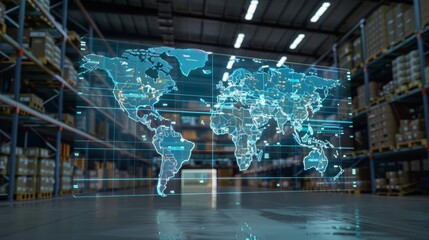 Holographic world map in warehouse, highlighting global logistics and supply chain management High-Tech, Digital Art