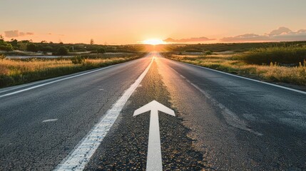 Journey to success depicted by a road at sunset with an arrow, highlighting motivation and achievement High-Resolution, Inspirational, Digital Art