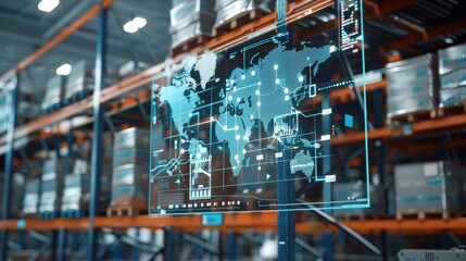 Naklejka premium Warehouse with holographic map overlay showcasing international supply chain logistics Futuristic, High-Quality, Digital Illustration