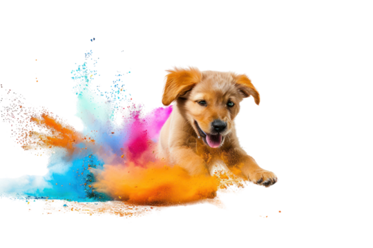 Puppy playing on a pile of Holi powder, isolated on white background.