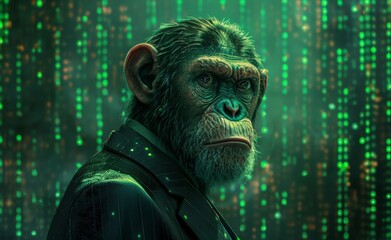 portrait of a monkey in business suit against green background with digital lights
