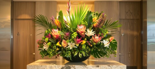 Elegant Floral Arrangement in Corporate Lobby - Exotic Flowers for Professional Welcoming Environment