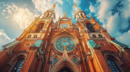Obraz premium Ornate church architecture with soaring spires, exemplifying the grandeur and majesty of sacred spaces