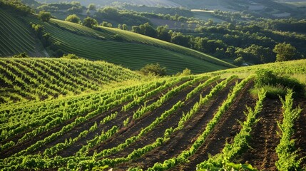 Fototapeta premium Lush Hillside with Slope Tillage: Sustainable Agriculture and Crop Growth in Neatly Terraced Rows