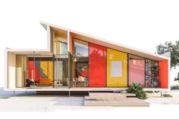 Mid-century modern house with geometric shapes and bright colors, isolated on white background.
