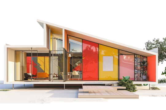Mid-century modern house with geometric shapes and bright colors, isolated on white background.