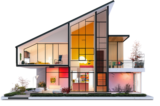 Mid-century modern house with geometric shapes and bright colors, isolated on white background.
