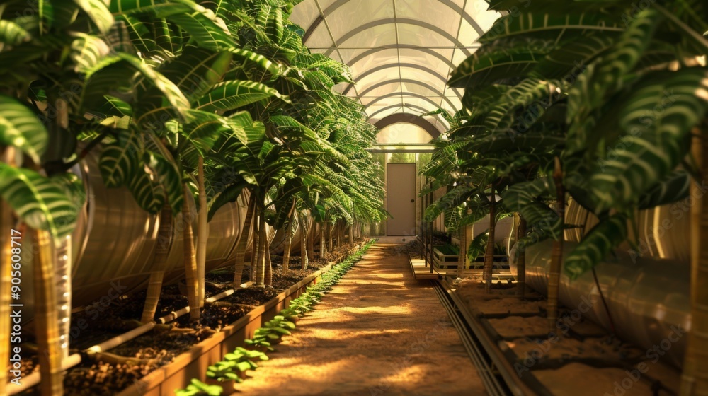 Aufkleber sunlight filters through a greenhouse, illuminating rows of tall tropical plants and a sandy pathway
