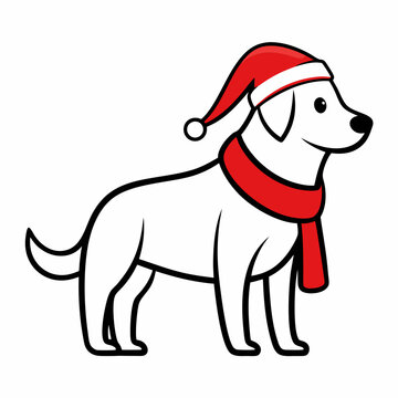 recommend clip art: line art christmas dog with santa claus vector   illustration