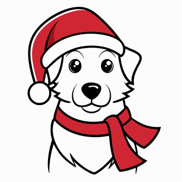 recommend clip art: line art christmas dog with santa claus vector   illustration