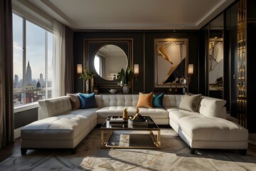 A living room interior with white wall and panoramic window with City View