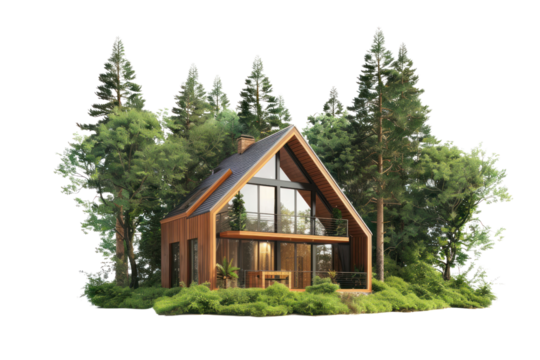 Cozy modern cottage set amidst a green forest, isolated on white background.