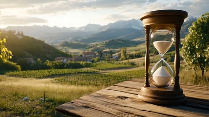 Slow life background with copy space, slowlife with an hourglass and a calm field backdrop
