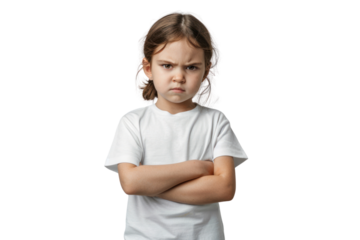 Confident child with a determined pose, isolated on white background.