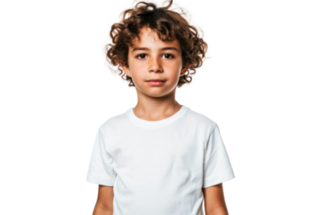 Confident child with a determined pose, isolated on white background.