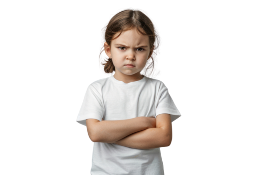 Confident child with a determined pose, isolated on white background.