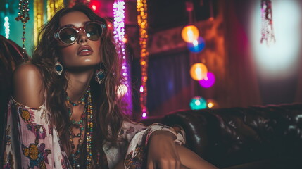 Fototapeta premium Beautiful young hippie girl in fashionable bohemian style clothes at neon party. Fashionable banner for night club.