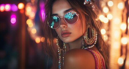Obraz premium Beautiful young hippie girl in fashionable bohemian style clothes at neon party. Fashionable banner for night club.