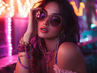 Obraz premium Beautiful young hippie girl in fashionable bohemian style clothes at neon party. Fashionable banner for night club.