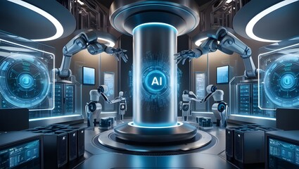 Fototapeta premium Futuristic AI Technology Lab with Holographic Interfaces and Robotic Automation