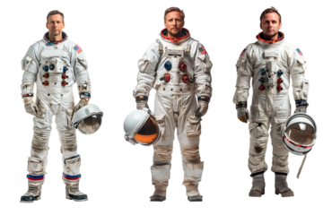 Set of male astronaut isolated on white or transparent background. Close-up of an astronaut in a suit holding a helmet.
