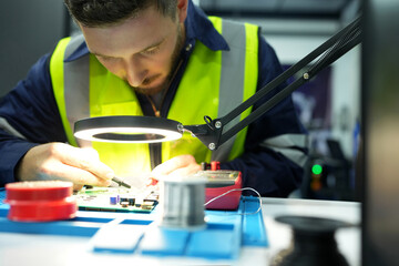 Engineer check and control welding robotics automatic arms machine in intelligent factory automotive industrial with monitoring system software. Digital manufacturing operation.