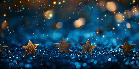 Row of Golden Stars on Blue Glitter Background with Sparkling Lights