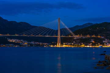 Evening view of cable-stayed suspnsion bridge in Dubrovnik, Croatia.
