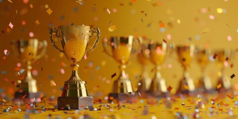 A Gleaming Array of Gold Trophies on a Beige Background with Confetti, Exuding the Joy of Victory and Celebration.