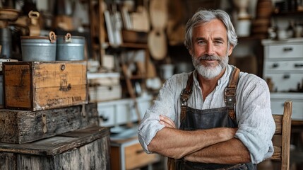 Man in overalls in woodshop