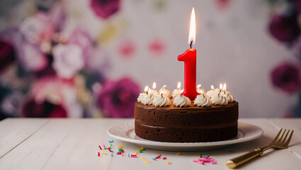 1st birthday cake with number 1 burning candle on table with blurred background. Copy space