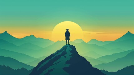 Illustration of a graduate in cap and gown standing on a mountain peak, silhouetted against a sunrise, symbolizing achievement and new beginnings.

